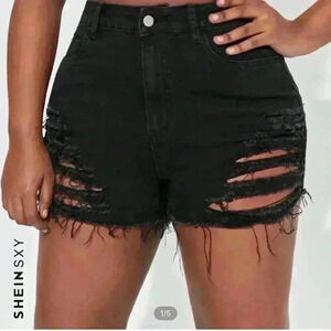 High Waist Ripped Frayed Black Denim Shorts